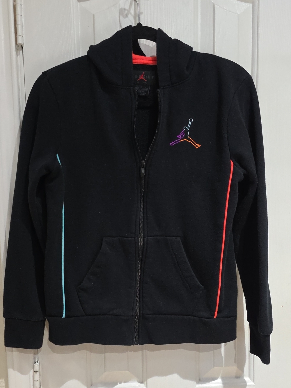 Jordan Black BOY'S Zip Hoodie with Multicolor Jumpman and Neon Piping Size L